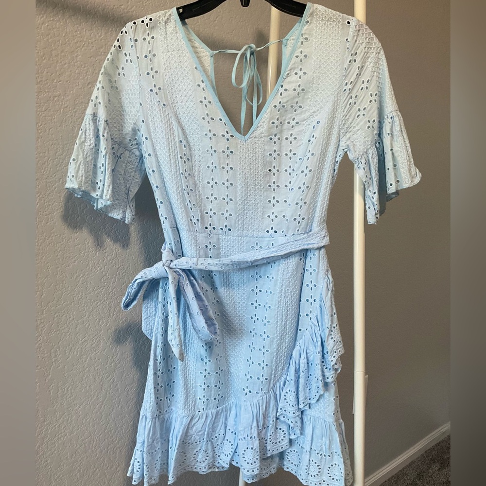 SHEIN Baby Blue Bell Sleeve Peplum Dress